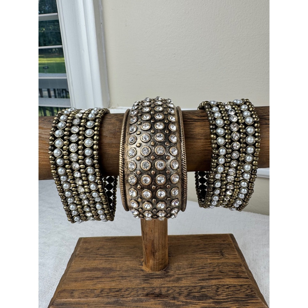 Vintage Lucky Brand Bracelet Set 3pc Antique Gold Tone Rhinestone Pearl Cuff Lot